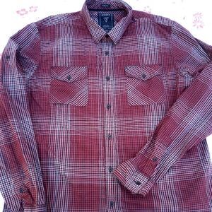 Guess Slim Fit L Burgundy Plaid Long Sleeve Pockets 100% Cotton Men's Shirt